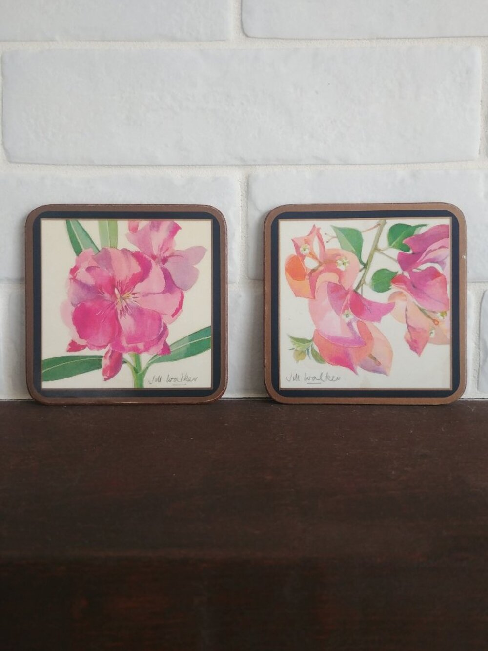 Made in England Jill Walker set of two pink flower watercolour look coasters